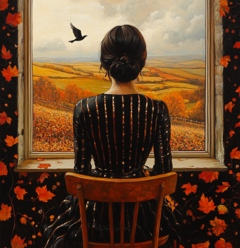 Woman in silk dress, autumn landscape, flying bird.