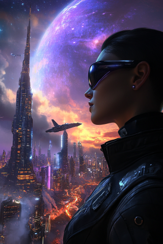 Woman in space city admiring Jupiter's storm beauty.