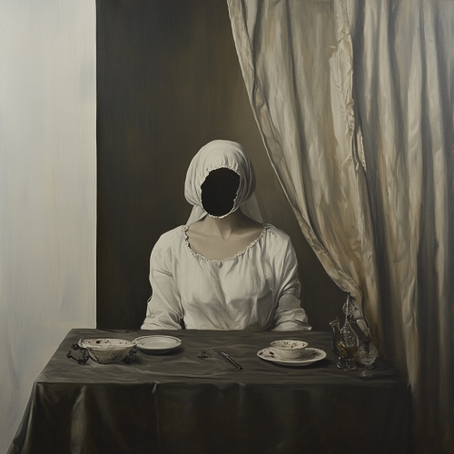 Woman in white linen half in table painting