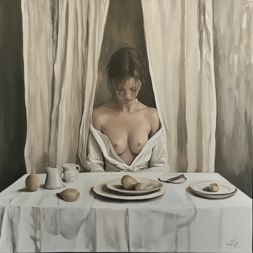 Woman in white linens emerges from table