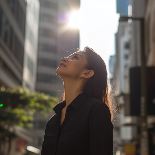 Woman in work clothes looks energized walking in Singapore.