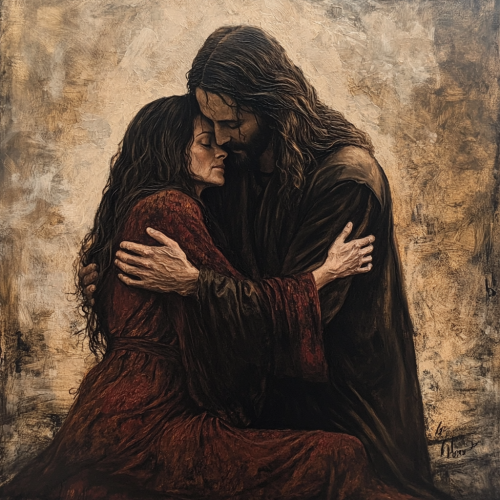 Woman kneeling at Jesus' feet, both showing compassion.