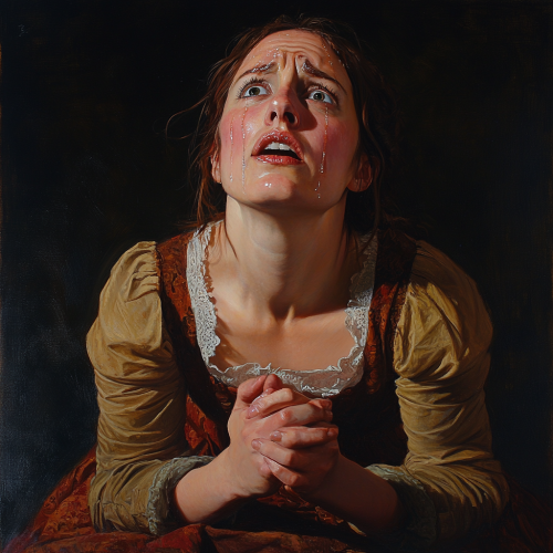 Woman mourns in Baroque-style painting: intense sorrow depicted
