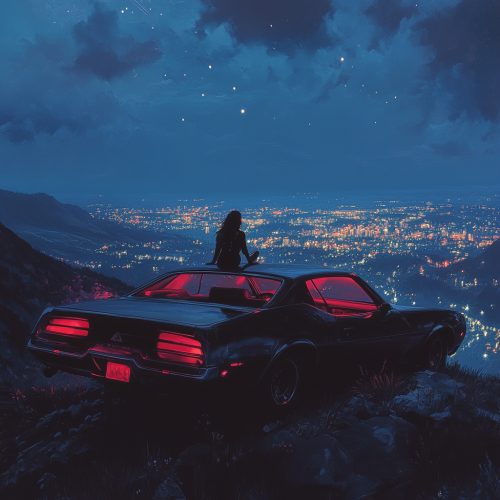 Woman on Car Roof Overlooking City Lights