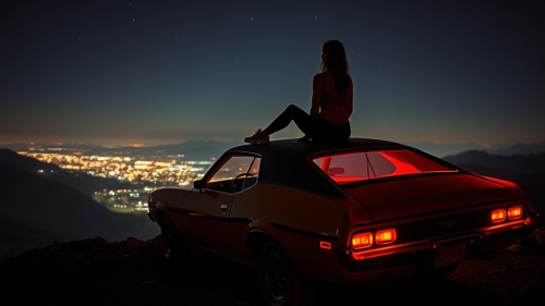 Woman on Muscle Car Overlooking Neon-Lit City