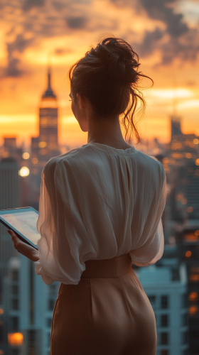 Woman on rooftop helipad in Manhattan at sunset