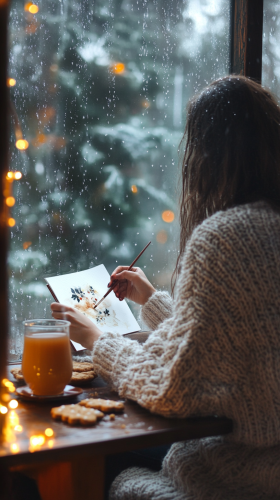 Woman painting in cozy reading nook with fairy lights