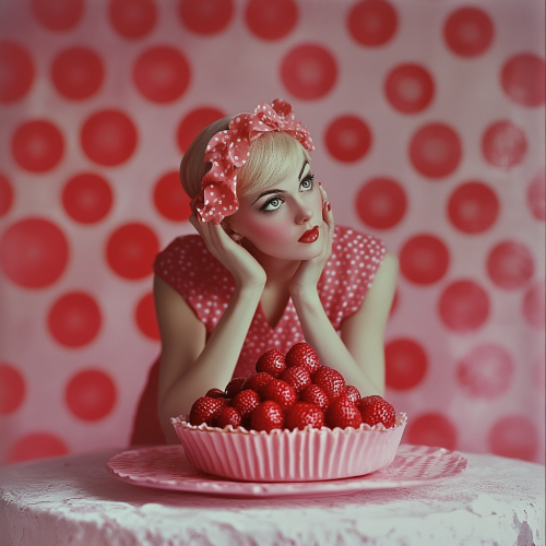 Woman poses with strawberry almond tart sculpture