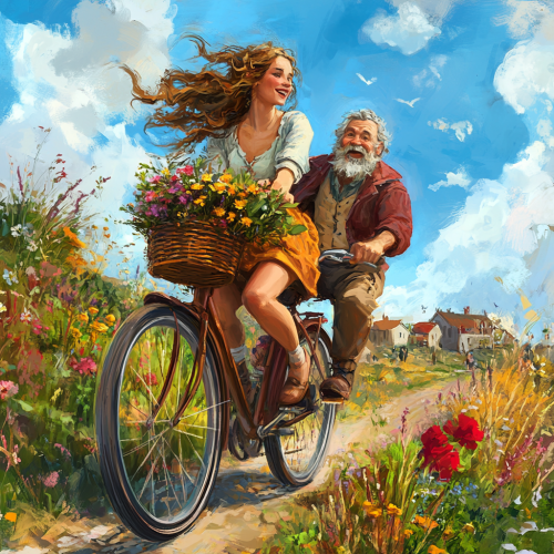 Woman rides bicycle with man in basket full of flowers herbs. Woman rides bicycle with man in basket full of flowers herbs.