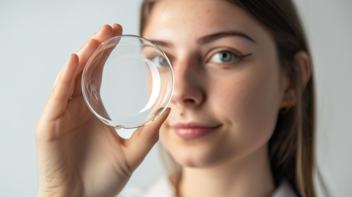Woman showcasing 23cm half-circle on white background