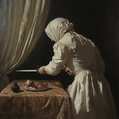 Woman standing at table with still life objects