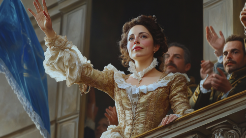 Woman waving from balcony to husband with people cheering.