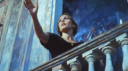 Woman with 70s hairstyle in black dress waves. Husband waves.