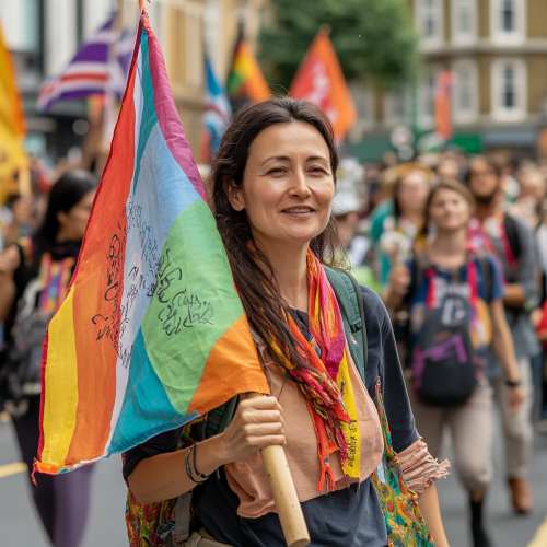Woman with Loved & Wanted flag leads parade