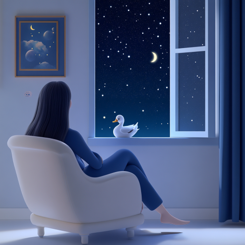 Woman with black hair and white duck watching TV.