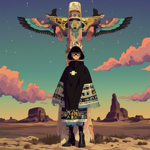 Woman with bob haircut stands next to totem poles.