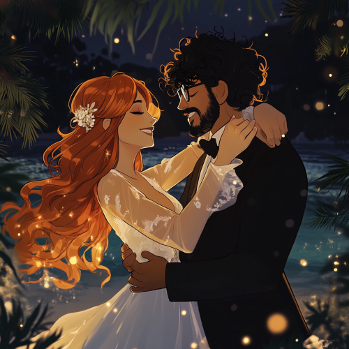 Woman with orange hair in wedding dress dances outside.