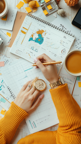 Woman writing in planner with gold pen and watch