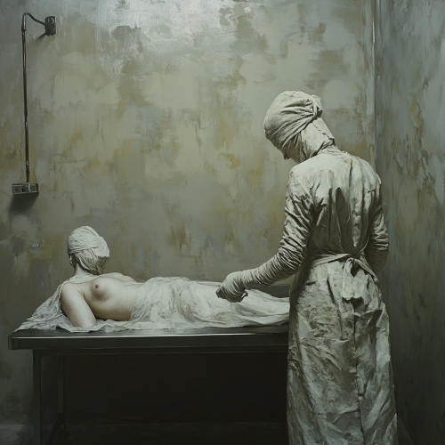 Women applying plaster gauze in artist's studio