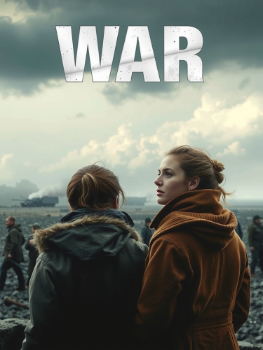 Women in war movie poster, looking at scene.