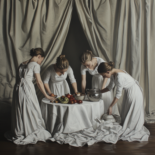 Women in white linen arranging still life objects