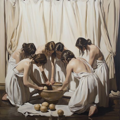 Women in white linens imitating still life