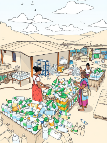 Women sorting plastic at recycling facility.