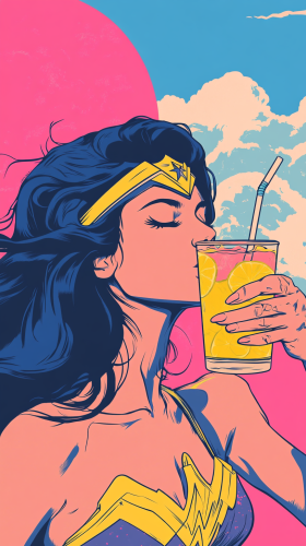 Wonder Woman sips lemonade in pop art style