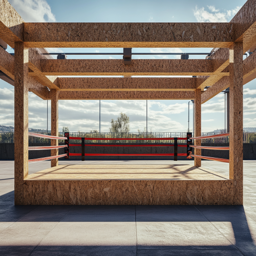 Wooden Boxing Ring on Sports Field, Bright Setting 
