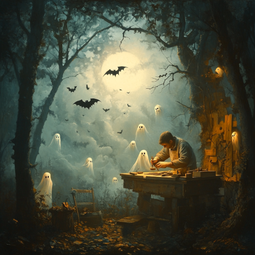 Woodworker Crafting Spooky Figures in Haunted Forest