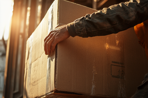 Worker lifting box into truck under warm sunlight.