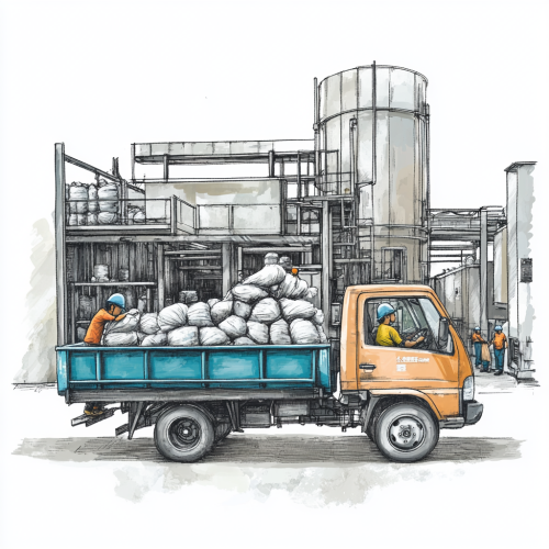 Workers unload bags of plastic from small truck