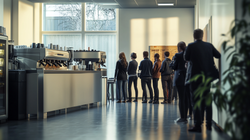 Workers wait in line for coffee in office