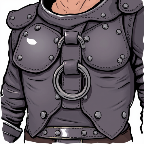 Worn leather armor with metal rings, sketched style.