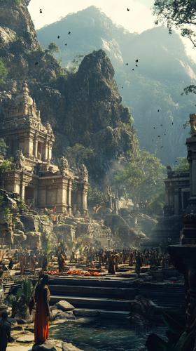 Worshippers Pray at Altar in Ancient Temple
