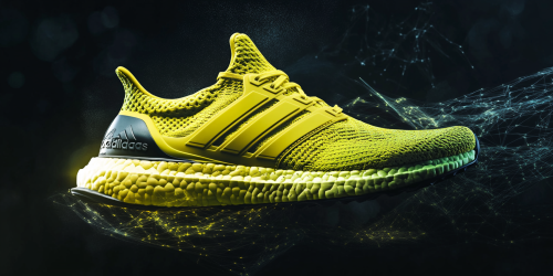 Yellow Adidas shoe on clean black background, modern design