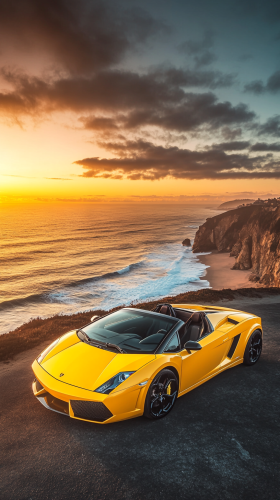Yellow Lamborghini on cliff with ocean waves and sunset. Yellow Lamborghini on cliff with ocean waves and sunset.