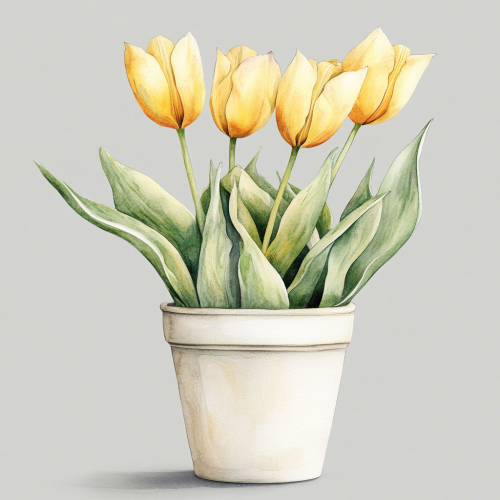 Yellow Tulips in Beautiful Pot, Watercolor Illustration Yellow Tulips in Beautiful Pot, Watercolor Illustration