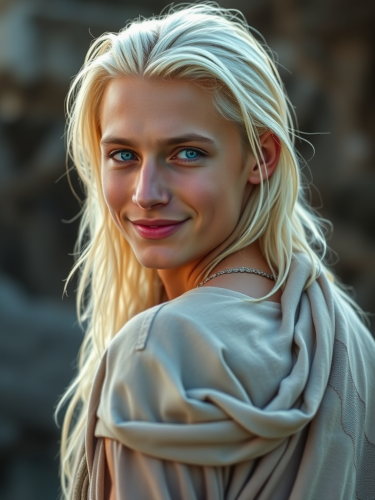 Young, Serene Man with Platinum Hair and Tribal Attire