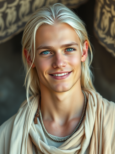 Young, Serene Tribesman with Luminous Skin and Blue Eyes