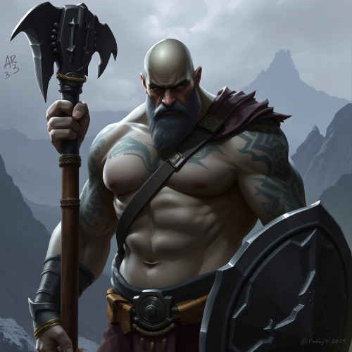 Young Bald Barbarian with Shield in Mountain