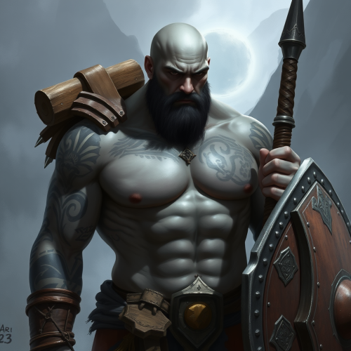 Young Bald Barbarian with Tattoos and Shield