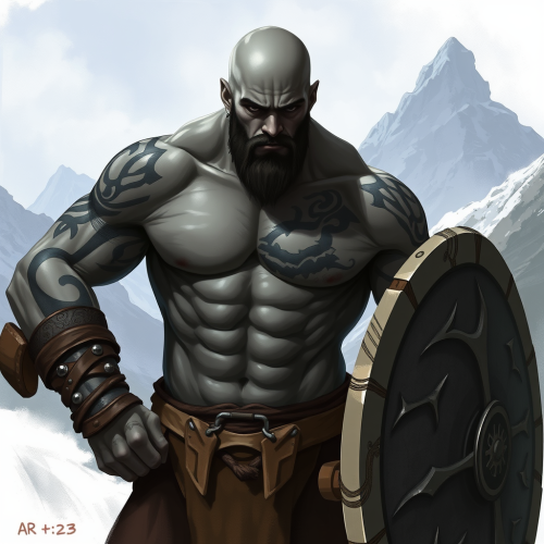 Young Bald Barbarian with Tattoos in Mountains