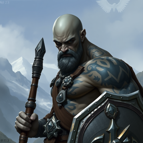 Young Bald Goliath Warrior in Mountain Landscape