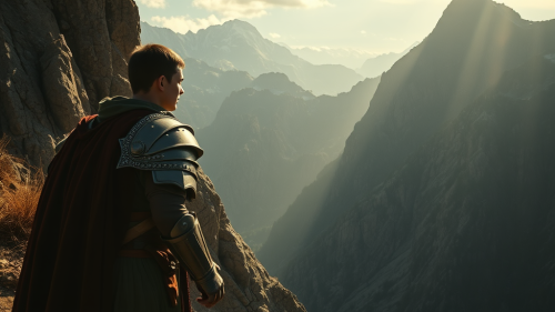 Young Bible Warrior Overlooking Mountain Terrain