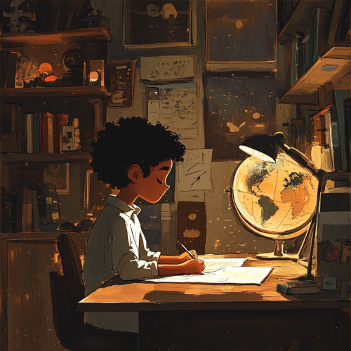 Young Black child writing story in cozy attic