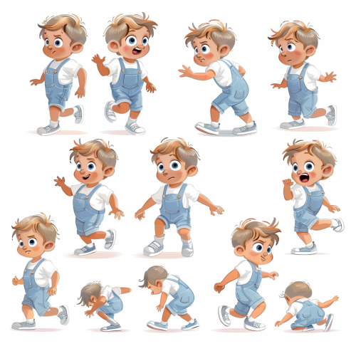 Young Boy in Overalls: Running, Smiling, Scared.