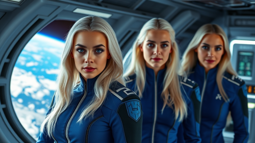 Young Crew Orbiting Earth in Blue Starship Uniforms
