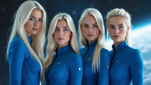 Young Crew in Blue on Earth-Orbiting Starship