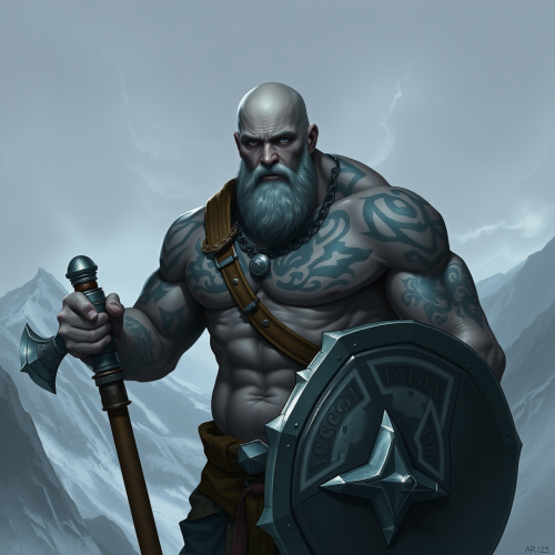 Young Goliath, Tattooed D&D Character with Mace, Shield